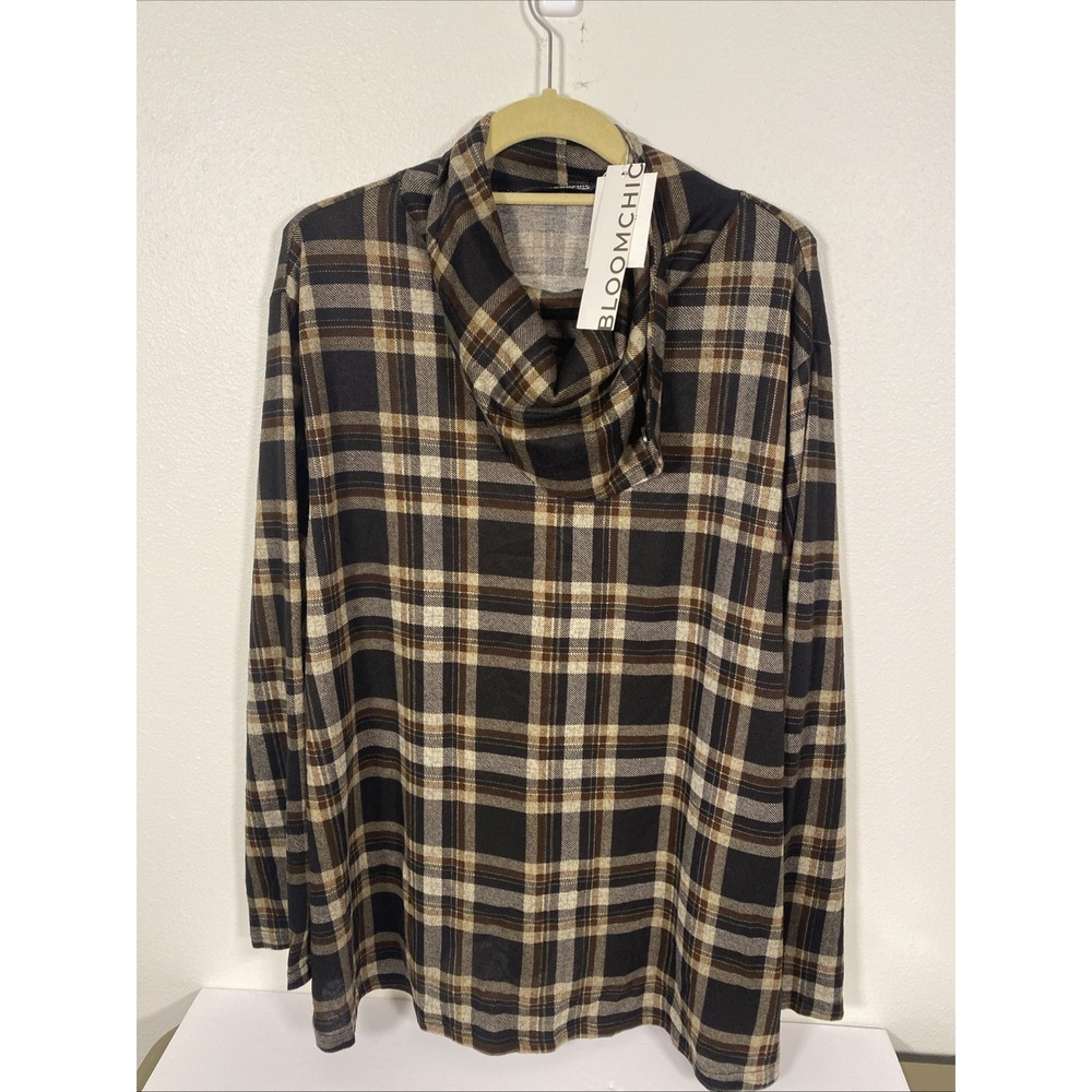 Bloomchic Brown Plaid Cowl Neck Soft Poly Pullover Size 22-24 NWT H1
